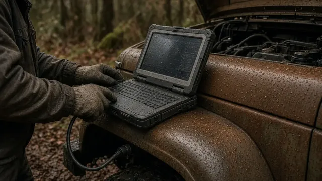 Gloved hands running diagnostics on a laptop resting on a fender in the rain