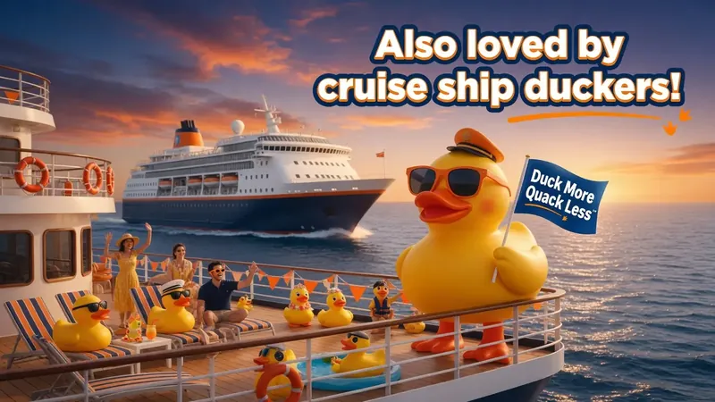 Rubber ducks on a cruise ship deck at sunset with the line Also loved by cruise ship duckers!